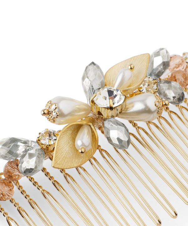 カットビジューとパールのボタニカルラインコーム