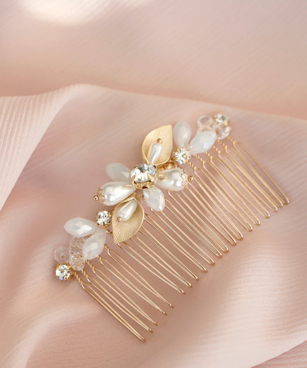 カットビジューとパールのボタニカルラインコーム