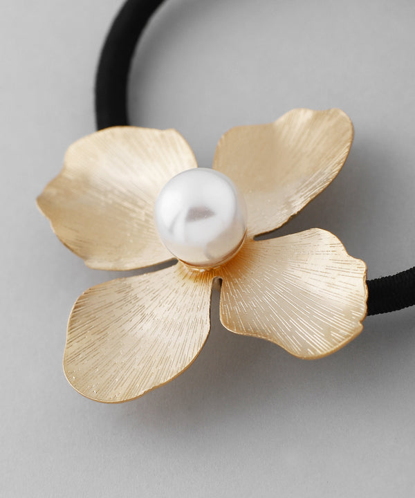 パール×メタルフラワーヘアゴム