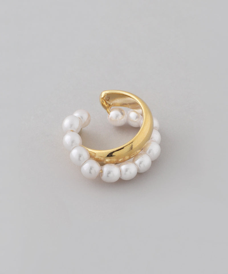 Pearl and Metal Cross Line Ear Cuff