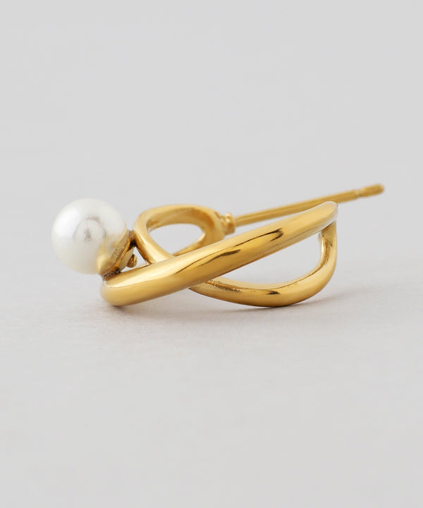 パール×クロスラインフープピアス[ステンレス][Sheerchic]