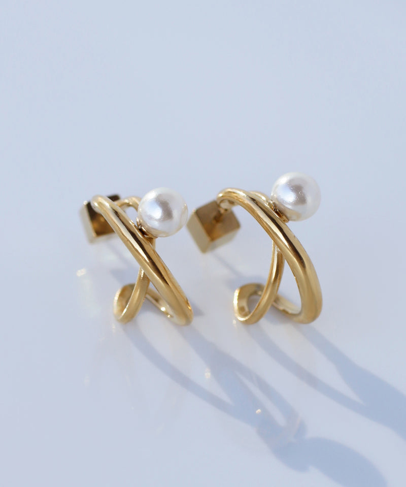 パール×クロスラインフープピアス[ステンレス][Sheerchic]