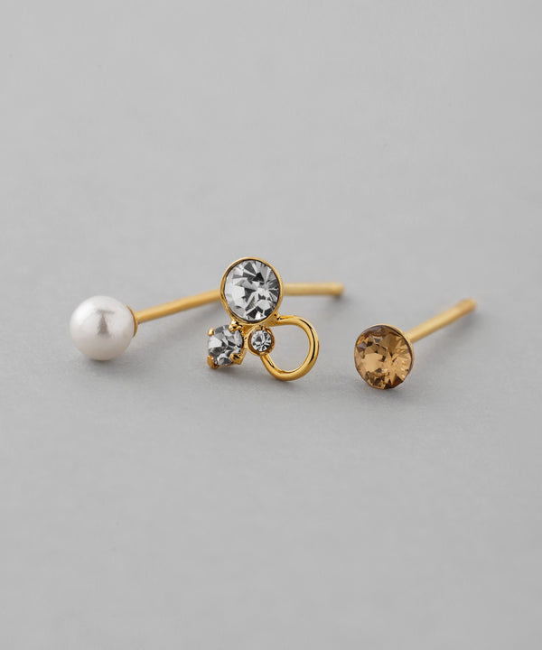 ビジュー×パールピアス[3ペアセット][Basic]