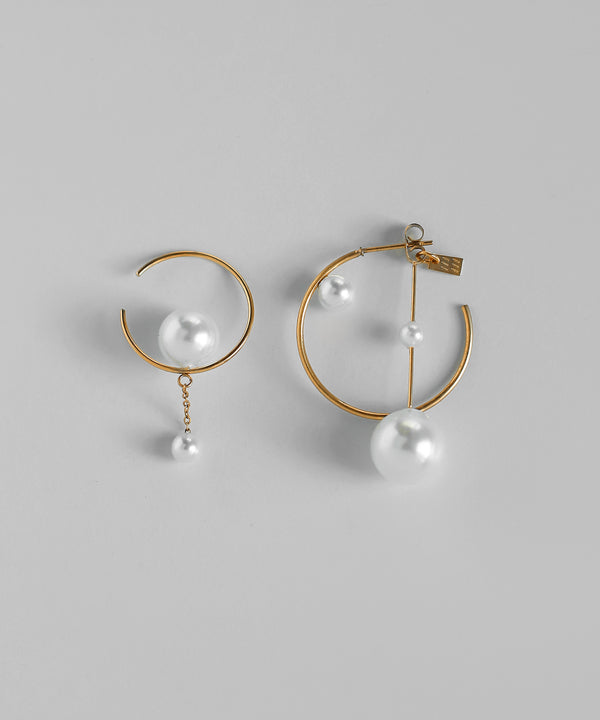 Pearl Asymmetric Hoop Earrings [Surgical Stainless Steel] [Ownideal]