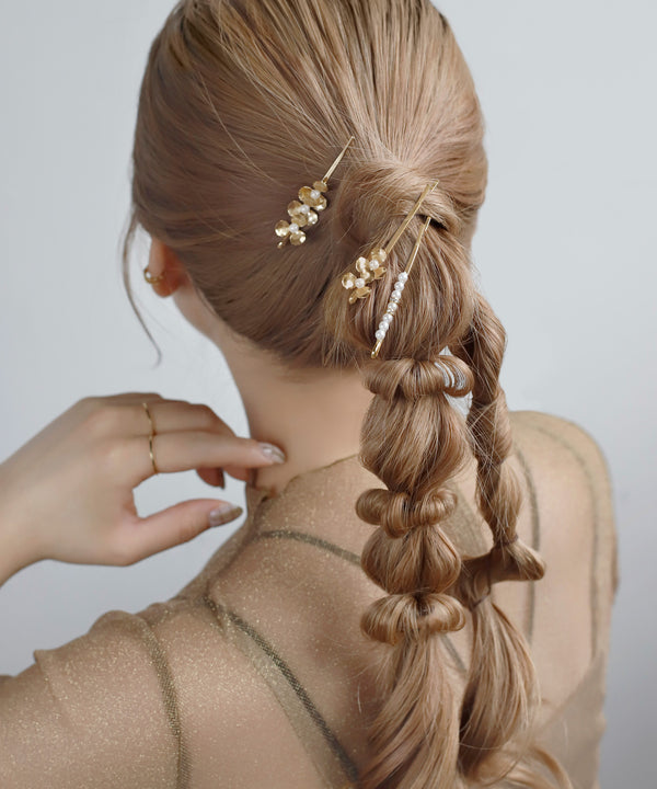 パール×メタルフラワーヘアピン[3本セット]