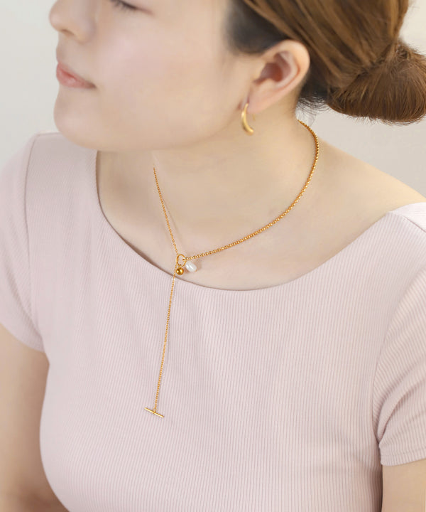 【ステンレス】パール×コンビチェーンマンテルネックレス