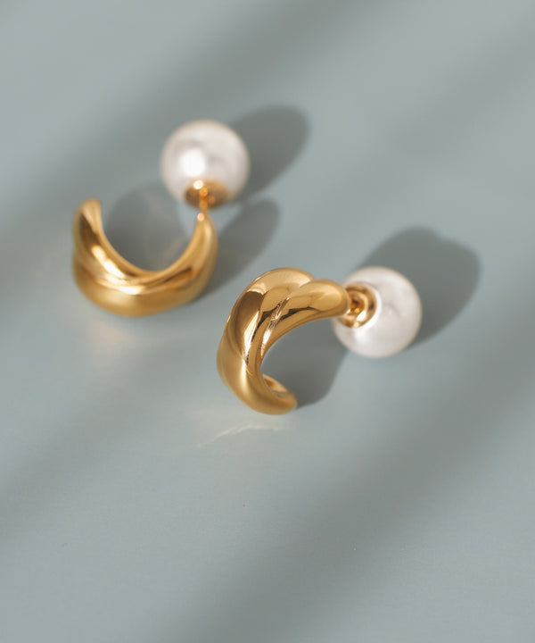 [Stainless Steel] Metal Hoop x Pearl Back Back Earrings