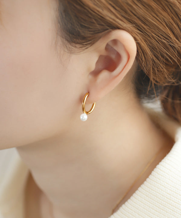 【ステンレス】パールフープピアス