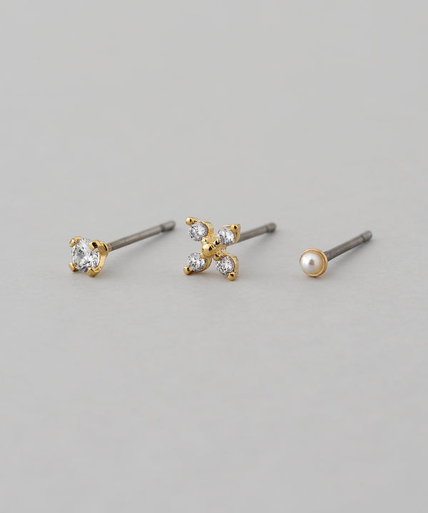 ビジュー×パールフラワーセットピアス[3ペアセット]