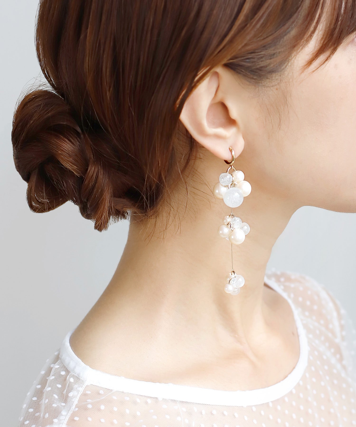 ANEMONE] Pearl and White Bead Long Earrings [Hanayome
