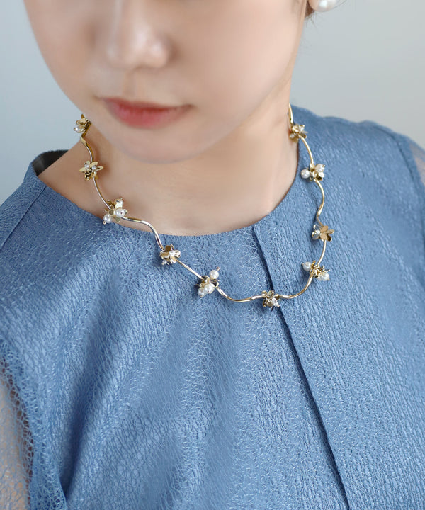Pearl x Flower Wave Line Necklace