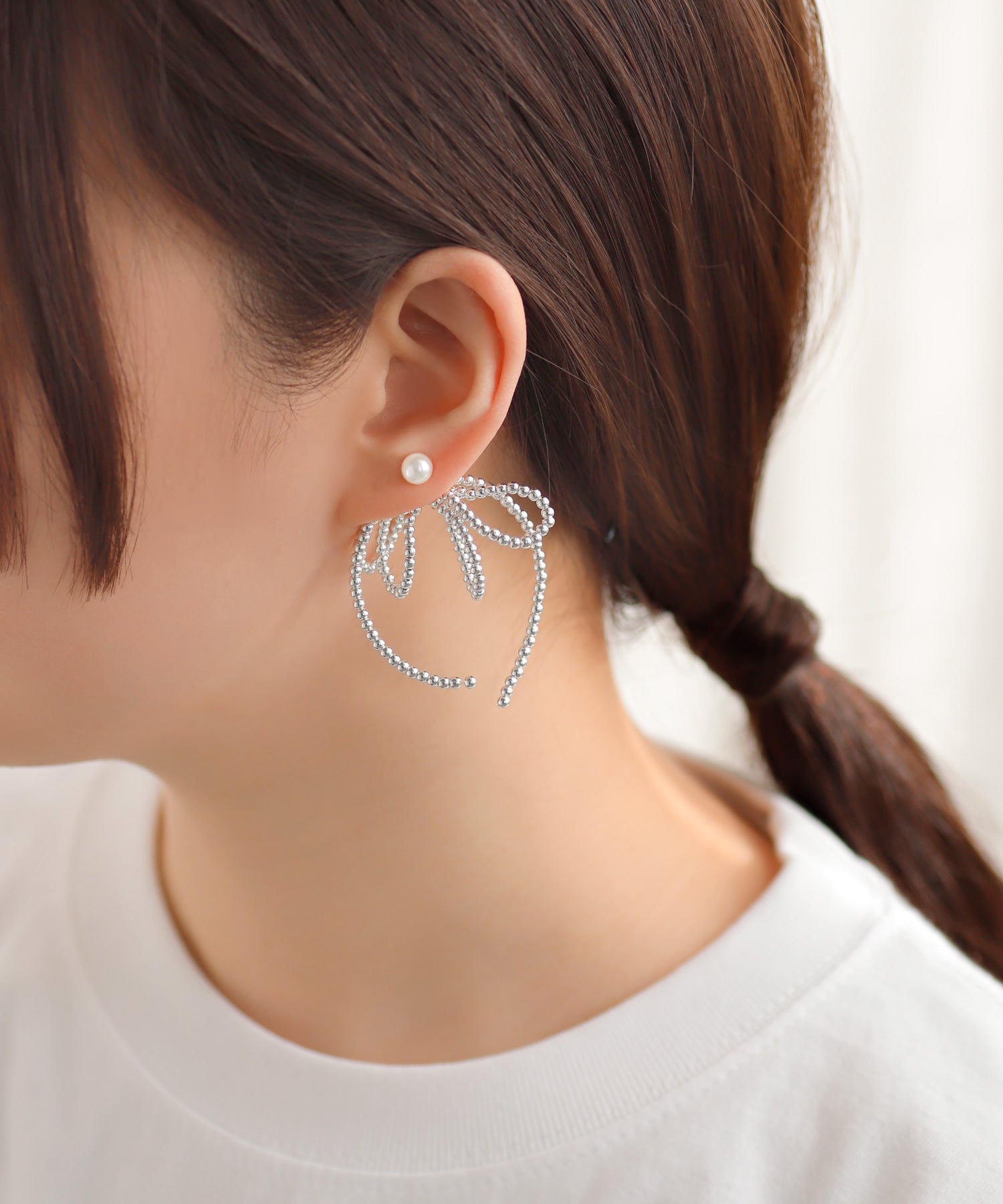ANEMONE】パール×ボールチェーンリボンバックキャッチピアス｜アネモネ