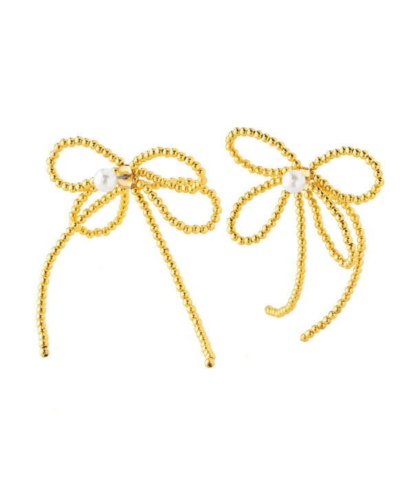 ANEMONE】パール×ボールチェーンリボンバックキャッチピアス｜アネモネ