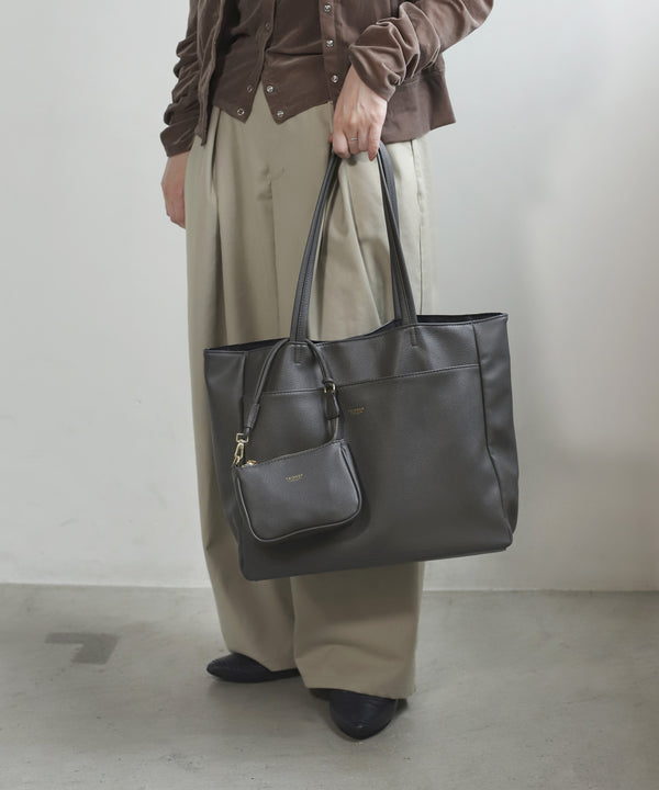 [Trideep] Leather-look Tote Bag with Pouch