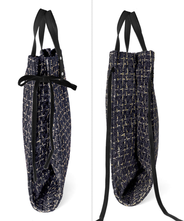 Side ribbon tweed tote bag