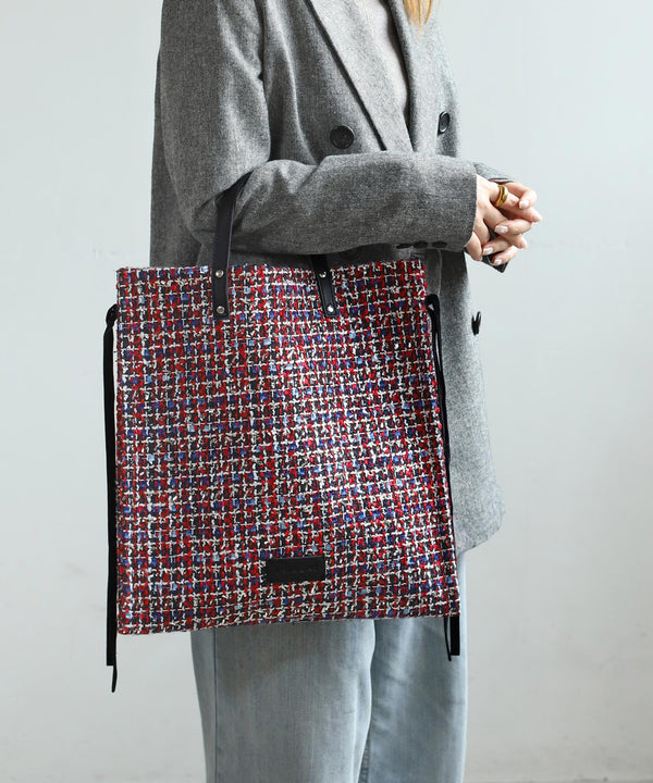 Side ribbon tweed tote bag