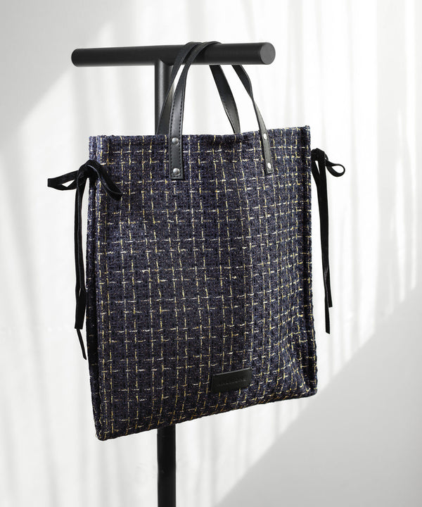 Side ribbon tweed tote bag