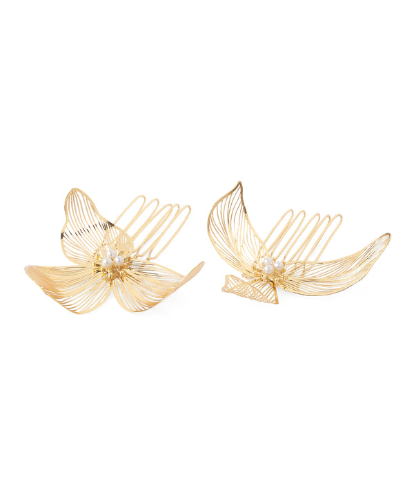 Pearl x Metal Flower Hair Comb [Set of 2]