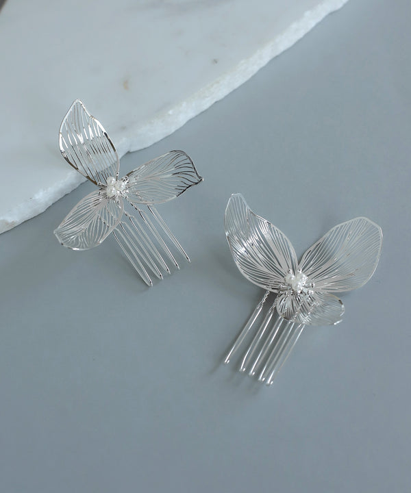 Pearl x Metal Flower Hair Comb [Set of 2]
