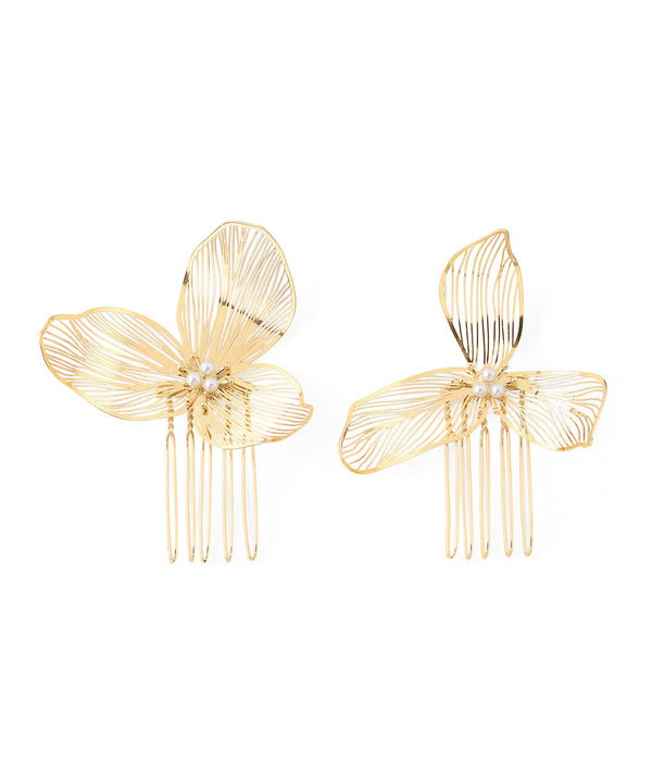 Pearl x Metal Flower Hair Comb [Set of 2]