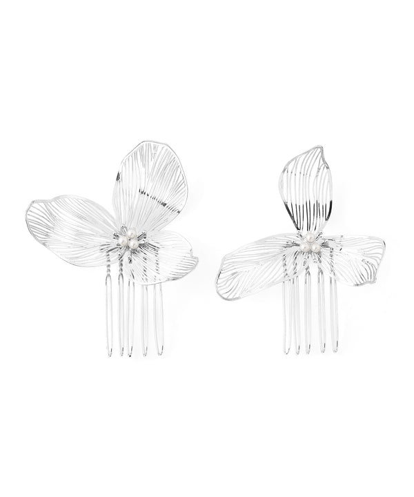 Pearl x Metal Flower Hair Comb [Set of 2]