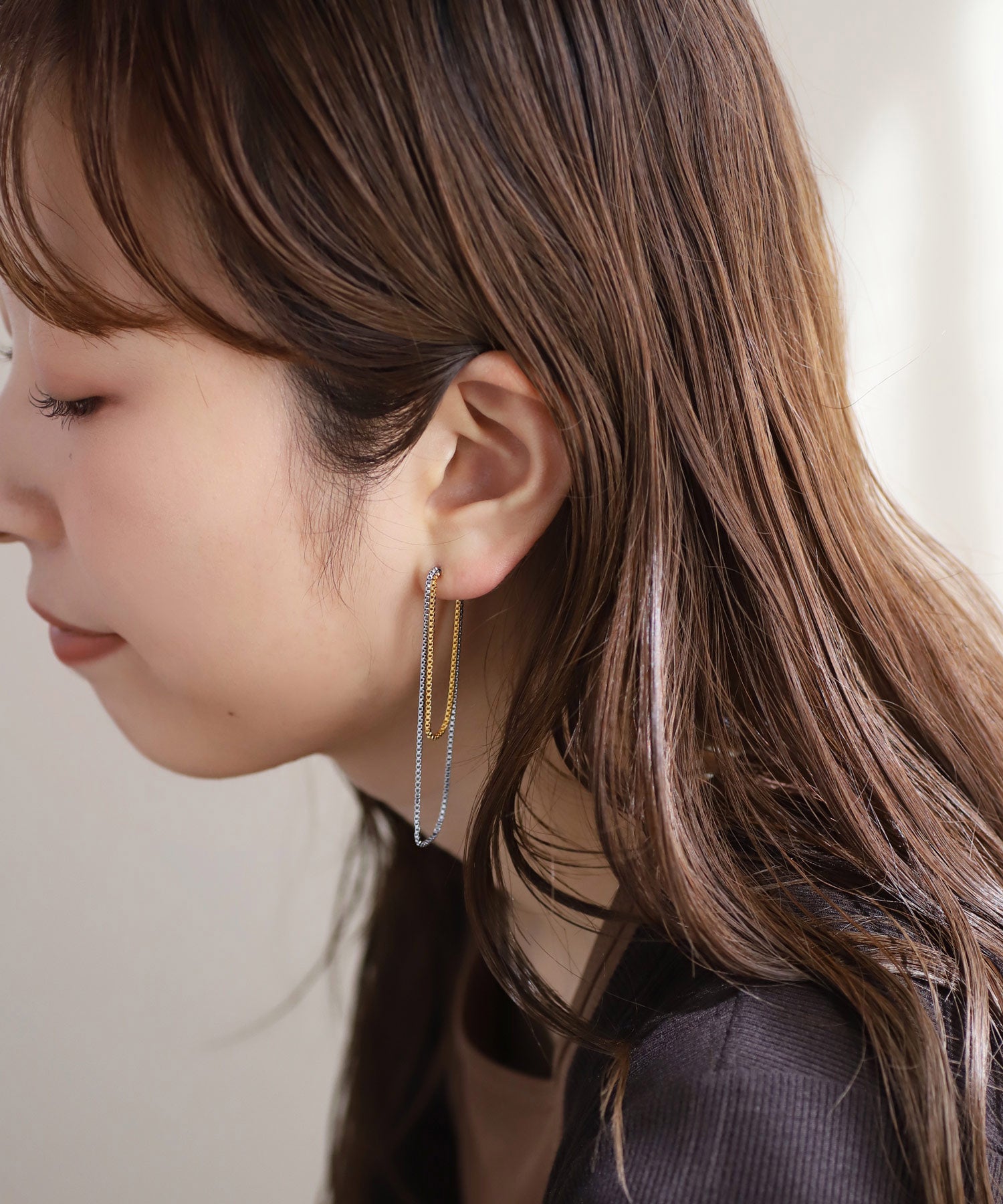 mimi33】コンビカラーチェーンバックキャッチピアス[ステンレス][UMU