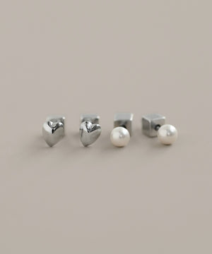 Heart x Pearl Earrings [2 Pairs] [Surgical Stainless Steel] [Basic]