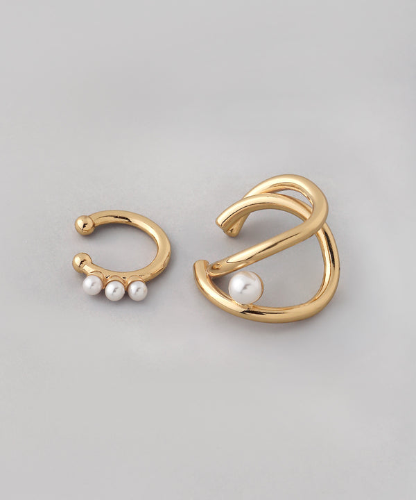 Single pearl x 3-strand pearl ear cuffs (set of 2)
