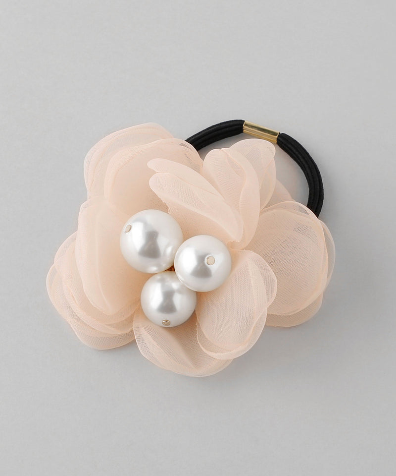 Airy flower and big pearl hair tie