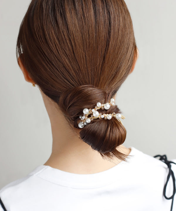 パール×ビーズ編み込みヘアゴム