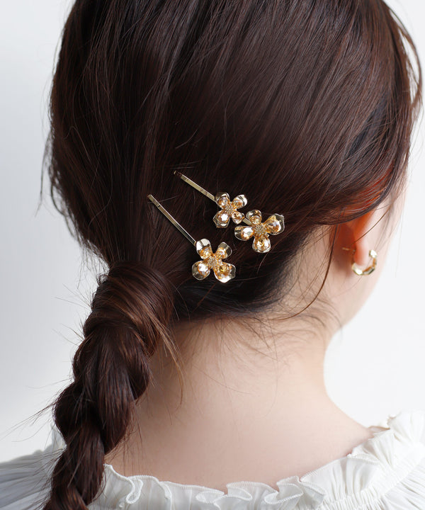 ビジュー×メタルフラワーヘアピン[2本セット]