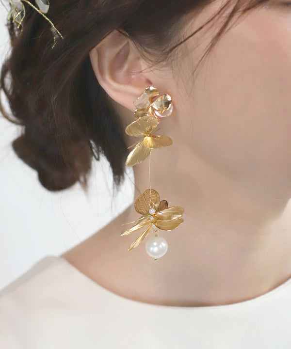 パール×メタルフラワーアシメピアス[Hanayome]